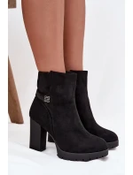 Ocieplane Botki Damskie Na Słupku Z Ozdobnym Paskiem Czarne Zayna