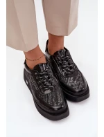 Skórzane Sznurowane Półbuty Damskie Na Platformie Artiker 57C2043 Czarno-Srebrne