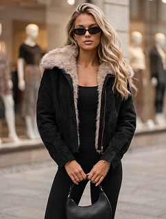 Dámska zimná semišová bunda s kožušinou, čierna, FashionStreet TY5697