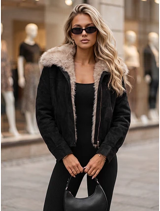 Dámska zimná semišová bunda s kožušinou, čierna, FashionStreet TY5697
