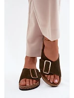 Kožené semišové dámské pantofle s přezkou tmavě zelené Beryl