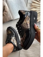 Skórzane Sznurowane Półbuty Damskie Na Platformie Artiker 57C2042 Czarno-Złote