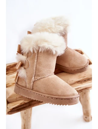 Dziecięce Ocieplane Botki Z Kokardkami Śniegowce Jasnobeżowe Funky