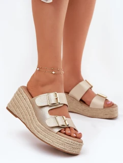 Klapki Damskie Na Koturnie Z Plecionką I Klamrami Złote Pasinea