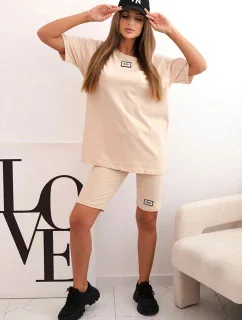 Dámsky bavlnený set s krátkym rukávom a šortkami béžovej farby