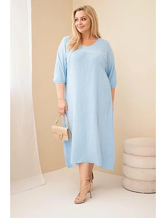 Dámske Plus veľkosť bavlnený mušelín V-neck šaty modrá