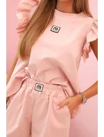 Dámska súprava s volánom - blúzka s krátkym rukávom a šortky s gumičkou tmavo púdrovo ružová