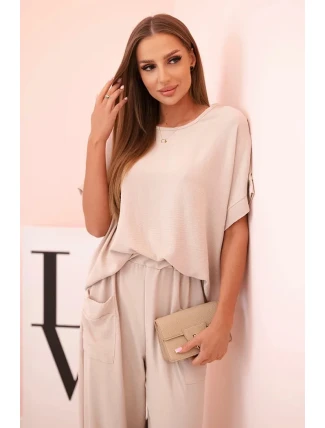 Viskózová blúzka + nohavice tmavobéžová