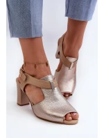 Sandały Damskie Na Słupku Z Eko Skóry Złote Queenmarie