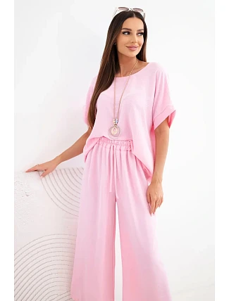 Dámsky viskózový set blúzka s krátkym rukávom a široké nohavice candy pink