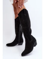 Zazoo 2909 Zamszowe Kozaki Ażurowe Na Niskim Obcasie Czarne