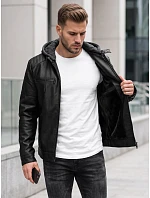 Pánska zateplená bunda z ekokože s kapucňou, čierna, FashionStreet TX5147 Pánska zateplená bunda z ekokože s kapucňou, čierna, FashionStreet TX5147