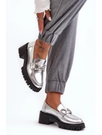 Damskie Skórzane Półbuty Na Masywnym Obcasie Srebrne Lemmitty