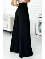 496-1 Elegantné široké nohavice s vysokou sedmičkou a zlatými gombíkmi - ČIERNA 496-1 Elegantné široké nohavice s vysokou sedmičkou a zlatými gombíkmi - ČIERNA