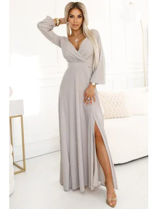 572-3 NELA trblietavé dlhé šaty s výstrihom, dlhými rukávmi a rozparkom na nohách - BEACH 572-3 NELA trblietavé dlhé šaty s výstrihom, dlhými rukávmi a rozparkom na nohách - BEACH