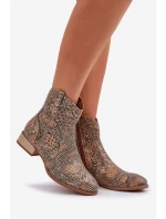 Ażurowe Damskie Botki Na Niskim Obcasie Ozdobione Zwierzęcym Wzorem Złote Neliawen