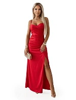 647-3 Priliehavé dlhé maxi šaty s obálkovým výstrihom a rozparkom - červené 647-3 Priliehavé dlhé maxi šaty s obálkovým výstrihom a rozparkom - červené