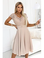 381-7 Éterické šifónové šaty LINDA s čipkovým výstrihom - béžové
