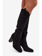 Kozaki Damskie Na Słupku Z Eko Zamszu Czarne Prisca