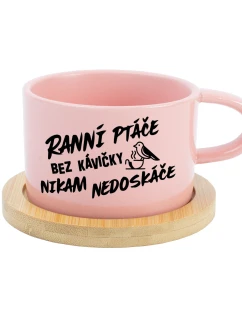 RANNÍ PTÁČE BEZ KÁVIČKY NIKAM NEDOSKÁČE - růžový hrníček makronka 200 ml