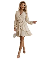 671-1 Zmyselné mini šaty s obálkovým výstrihom - béžové