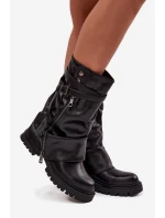 Kozaki Damskie Z Wywiniętą Cholewką Do Połowy Łydki Z Paskiem Czarne Darisa