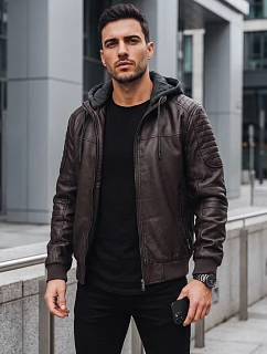 Pánska kožená zateplená bunda s kapucňou, tmavohnedá, FashionStreet TX5140