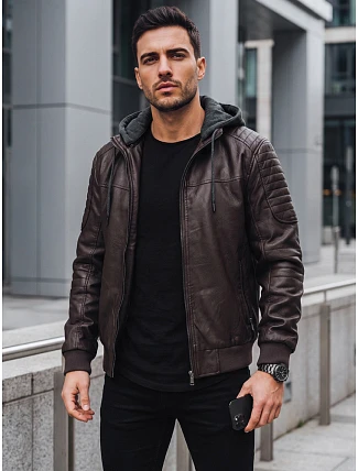Pánska kožená zateplená bunda s kapucňou, tmavohnedá, FashionStreet TX5140
