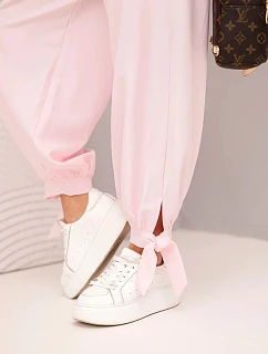 Dámske nohavice so širokými nohavicami a viazaním v spodnej časti candy pink