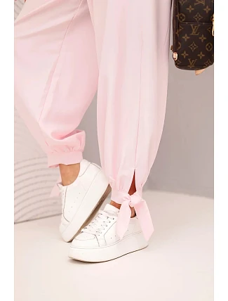Dámske nohavice so širokými nohavicami a viazaním v spodnej časti candy pink Dámske nohavice so širokými nohavicami a viazaním v spodnej časti candy pink