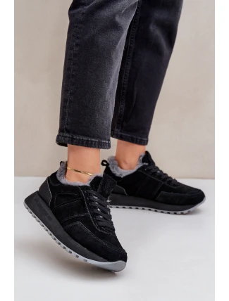 Zamszowe Sneakersy Damskie Z Futerkiem I Błyszczącym Elementem Big Star OO274580 Hi-Poly System Czarne