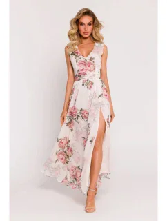 Dámske šifónové šaty M781 model 2 Ecru s kvetmi - MOE