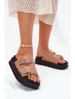 Klapki Damskie Ze Złotymi Klamrami Na Platformie Beżowe Virvania