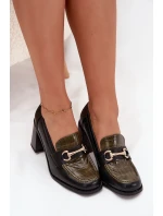 Półbuty Damskie Na Słupku Z Tłoczeniem I Złotym Detalem Zielono-Czarne Novella