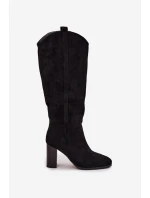 Kozaki Damskie Na Słupku Z Eko Zamszu Czarne Prisca