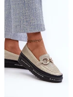 Skórzane Błyszczące Mokasyny Damskie Na Platformie Z Ozdobą S.Barski LR750 Złote