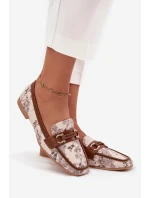 Wzorzyste Mokasyny Loafersy Damskie Z Ozdobnym Elementem Beżowo-Brązowe Evelora