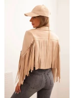 Dámska bunda z ekokože v boho štýle so strapcami svetlo ťavej farby