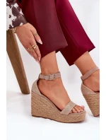 Sandały Damskie Na Koturnie Z Plecionką Khaki Adelio