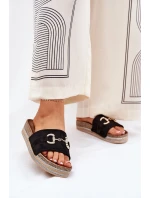 Klapki Damskie Na Platformie Ze Złotą Ozdobą I Brokatem Czarne Morisela