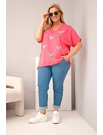 Dámske Plus veľkosť bavlnená blúzka s motýlikmi ružová