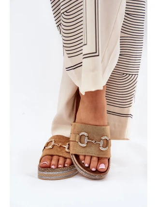 Klapki Damskie Na Platformie Ze Złotą Ozdobą I Brokatem Camel Morisela