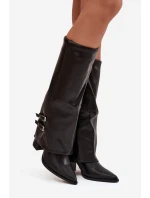 Dámské kozačky na podpatku s obráceným límcem a přezkami Jessae Černé