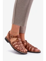 Skórzane Sandały Na Płaskim Obcasie Zazoo 3686 Camel