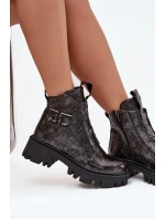 Skórzane Lakierowane Botki Damskie Z Ozdobą Ocieplane Artiker 57C2081 Grafitowe