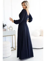 572-1 Dlhé trblietavé šaty NELA s výstrihom a dlhými rukávmi - ZELENÉ