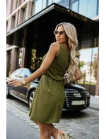 296-14 VICTORIA Trapézové šaty bez rukávov so zaväzovaním v páse - khaki