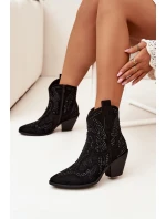 Ocieplane Damskie Botki Kowbojki Ze Zdobieniem Czarne Lelira
