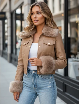 Dámska kožená bunda s ťavou kožušinou FashionStreet TY5139