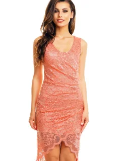 Spoločenské a plesové šaty MAYAADI krajkové s asymetrickou sukňou lososovej - Ružová / XL - MAYAADI